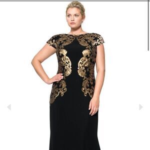 Tadashi Shoji Crepe Draped Open Back Gown With Metallic Paillette Detail